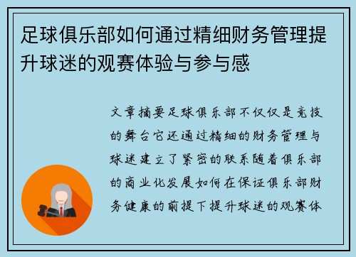 足球俱乐部如何通过精细财务管理提升球迷的观赛体验与参与感